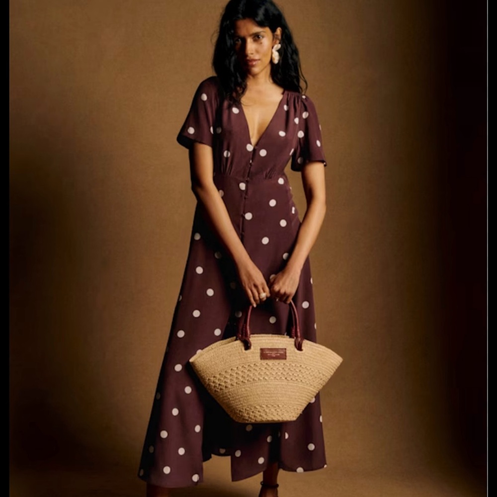 Sezane Solia Dress Ecru Polka Dots On Chocolate Print - Size 38